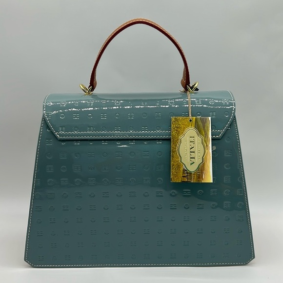 2277- Arcadia Patent Blue Crossbody Bag Made In Italy Patent Leather NWT - Picture 4 of 12
